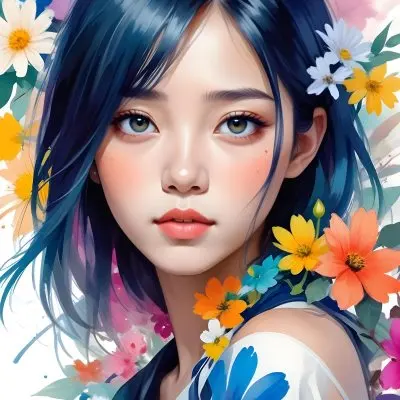 An Asian Girl 19 Years Old With White Hair And White Eyes Surrounded By Colorful Flowers Watercolor Style In A White Background 18 21f0