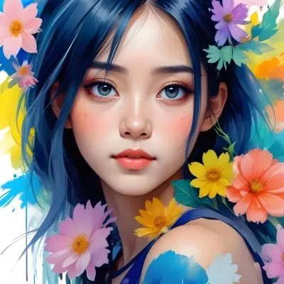 An Asian Girl 19 Years Old With White Hair And White Eyes Surrounded By Colorful Flowers Watercolor Style In A White Background 2 3802