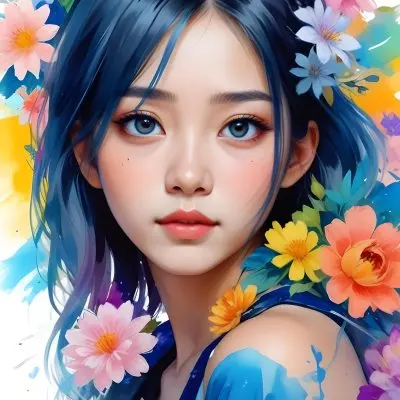 An Asian Girl 19 Years Old With White Hair And White Eyes Surrounded By Colorful Flowers Watercolor Style In A White Background 21 F9ca