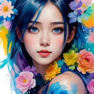 An Asian Girl 19 Years Old With White Hair And White Eyes Surrounded By Colorful Flowers Watercolor Style In A White Background 23 C90d