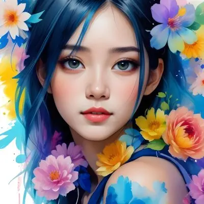 An Asian Girl 19 Years Old With White Hair And White Eyes Surrounded By Colorful Flowers Watercolor Style In A White Background 25 C5e0