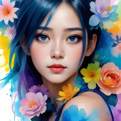 An Asian Girl 19 Years Old With White Hair And White Eyes Surrounded By Colorful Flowers Watercolor Style In A White Background 28 C8bc
