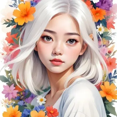 An Asian Girl 19 Years Old With White Hair And White Eyes Surrounded By Colorful Flowers Watercolor Style In A White Background 29 3497