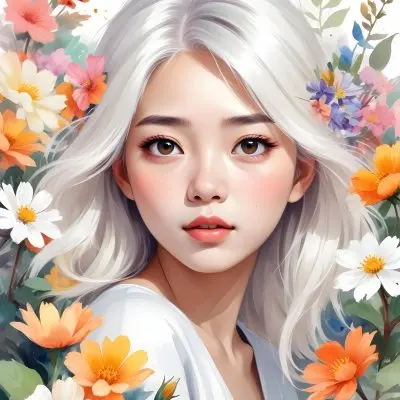 An Asian Girl 19 Years Old With White Hair And White Eyes Surrounded By Colorful Flowers Watercolor Style In A White Background 3 435b