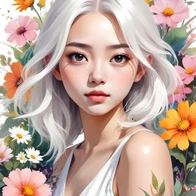 An Asian Girl 19 Years Old With White Hair And White Eyes Surrounded By Colorful Flowers Watercolor Style In A White Background 30 947e