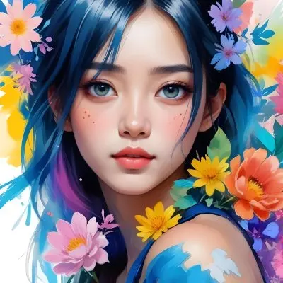 An Asian Girl 19 Years Old With White Hair And White Eyes Surrounded By Colorful Flowers Watercolor Style In A White Background 31 5db3