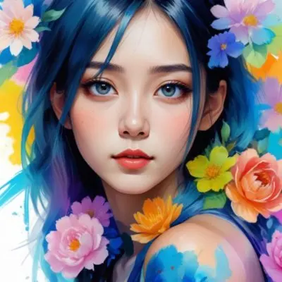 An Asian Girl 19 Years Old With White Hair And White Eyes Surrounded By Colorful Flowers Watercolor Style In A White Background 32 4bdb