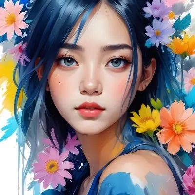 An Asian Girl 19 Years Old With White Hair And White Eyes Surrounded By Colorful Flowers Watercolor Style In A White Background 4 Ef9f