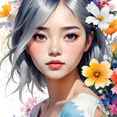 An Asian Girl 19 Years Old With White Hair And White Eyes Surrounded By Colorful Flowers Watercolor Style In A White Background 5 B526