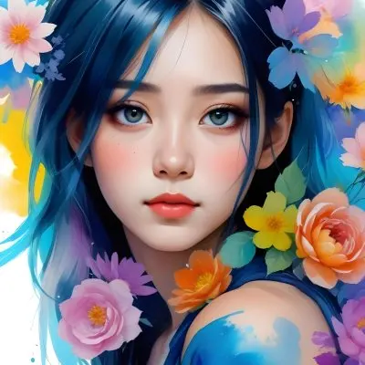 An Asian Girl 19 Years Old With White Hair And White Eyes Surrounded By Colorful Flowers Watercolor Style In A White Background 7 1284