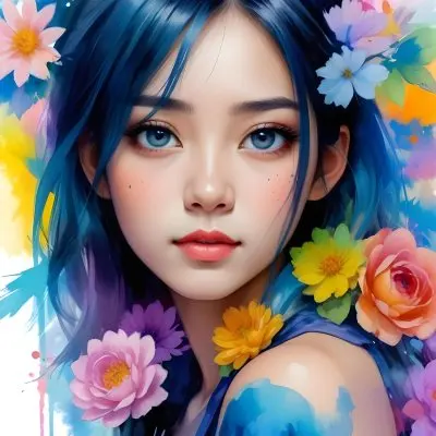 An Asian Girl 19 Years Old With White Hair And White Eyes Surrounded By Colorful Flowers Watercolor Style In A White Background 9 4c65