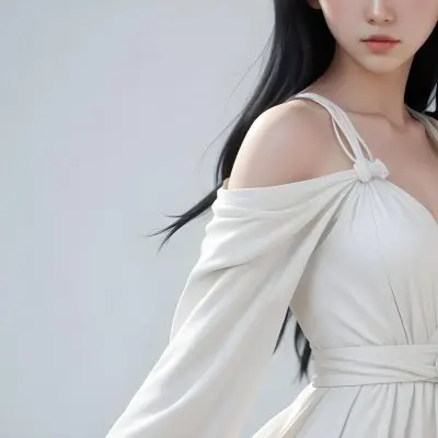 An Asian Girl White Skin 21 Years Old Long Black Hair Wearing A White Dress Studio Background 2