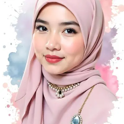 An Asian Girl With Light Skin And Brown Hair 19 Years Old Wearing A Pink Hijab With Jewelry Watercolor Splash Background 27 705e