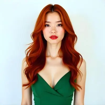 An Asian Woman 22 Years Old With Long Wavy Red Hair Red Lips Wearing A Green Dress In A White Background 1 673b
