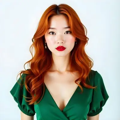 An Asian Woman 22 Years Old With Long Wavy Red Hair Red Lips Wearing A Green Dress In A White Background 1 Ce7f