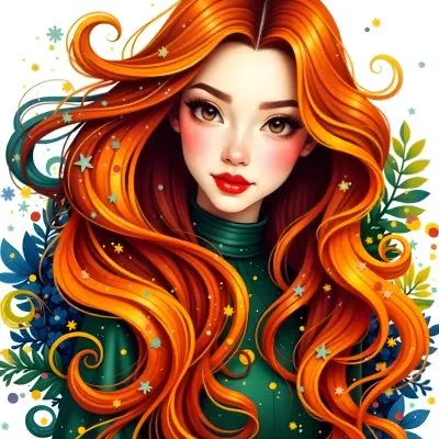 An Asian Woman 22 Years Old With Long Wavy Red Hair Red Lips Wearing A Green Dress In A White Background 14 D016