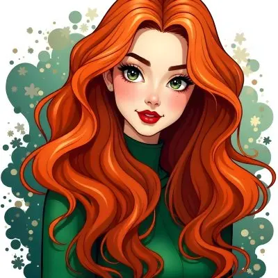 An Asian Woman 22 Years Old With Long Wavy Red Hair Red Lips Wearing A Green Dress In A White Background 17 E602