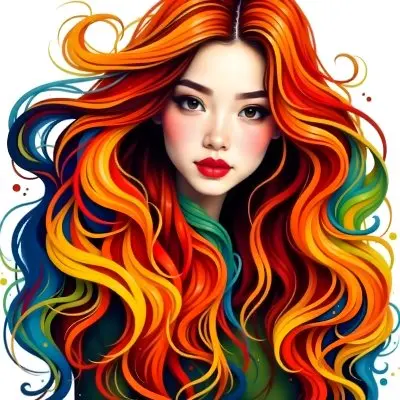 An Asian Woman 22 Years Old With Long Wavy Red Hair Red Lips Wearing A Green Dress In A White Background 18 463c