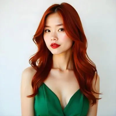An Asian Woman 22 Years Old With Long Wavy Red Hair Red Lips Wearing A Green Dress In A White Background 3 9378