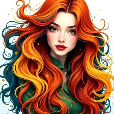 An Asian Woman 22 Years Old With Long Wavy Red Hair Red Lips Wearing A Green Dress In A White Background 5 8b77