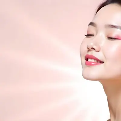 An Asian Woman 23 Years Old Light Skin Pink Eyeshadow Pink Lipstick Closed Eyes In A Pink Background With Light Rays 1 B1e4