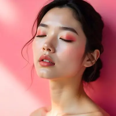 An Asian Woman 23 Years Old Light Skin Pink Eyeshadow Pink Lipstick Closed Eyes In A Pink Background With Light Rays 13 7ef8