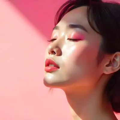 An Asian Woman 23 Years Old Light Skin Pink Eyeshadow Pink Lipstick Closed Eyes In A Pink Background With Light Rays 21 D0b2