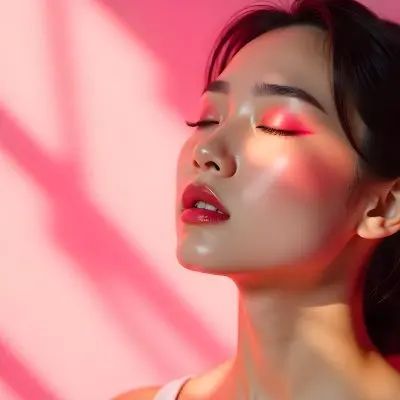 An Asian Woman 23 Years Old Light Skin Pink Eyeshadow Pink Lipstick Closed Eyes In A Pink Background With Light Rays 25 31b7
