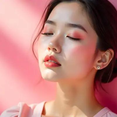 An Asian Woman 23 Years Old Light Skin Pink Eyeshadow Pink Lipstick Closed Eyes In A Pink Background With Light Rays 28 Cc9e