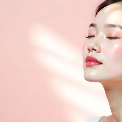 An Asian Woman 23 Years Old Light Skin Pink Eyeshadow Pink Lipstick Closed Eyes In A Pink Background With Light Rays 3 690f