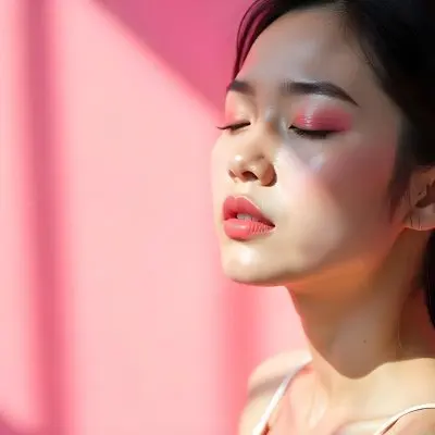 An Asian Woman 23 Years Old Light Skin Pink Eyeshadow Pink Lipstick Closed Eyes In A Pink Background With Light Rays 30 9f68