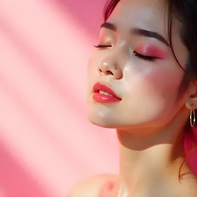 An Asian Woman 23 Years Old Light Skin Pink Eyeshadow Pink Lipstick Closed Eyes In A Pink Background With Light Rays 6 6439