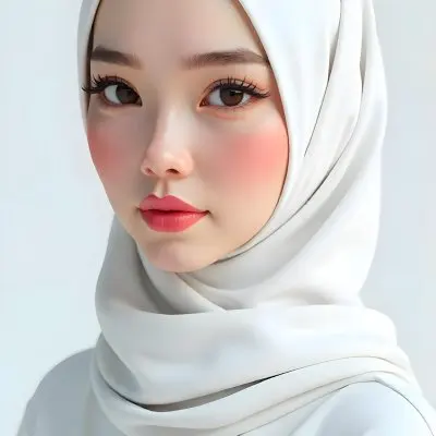 An Asian Woman 23 Years Old Light Skin Wearing A White Hijab Pink Lipstick In A White Background 1 9be0