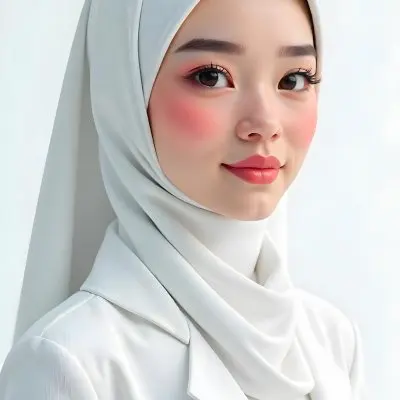 An Asian Woman 23 Years Old Light Skin Wearing A White Hijab Pink Lipstick In A White Background 13 73af