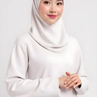 An Asian Woman 23 Years Old Light Skin Wearing A White Hijab Pink Lipstick In A White Background 17 4d26