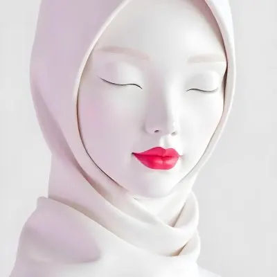 An Asian Woman 23 Years Old Light Skin Wearing A White Hijab Pink Lipstick In A White Background 25 2062