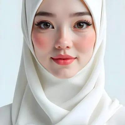 An Asian Woman 23 Years Old Light Skin Wearing A White Hijab Pink Lipstick In A White Background 3 8d19