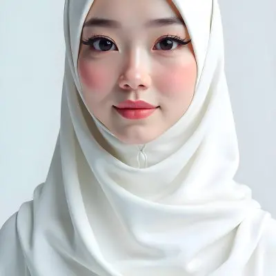 An Asian Woman 23 Years Old Light Skin Wearing A White Hijab Pink Lipstick In A White Background 6 E8d1