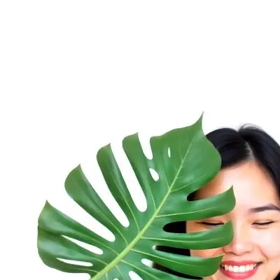 An Asian Woman 23 Years Old With Black Hair Holding A Green Leaf In Front Of Her Face Eyes Closed Black Background 11 834c