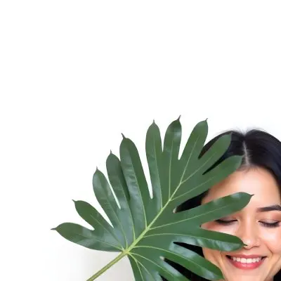 An Asian Woman 23 Years Old With Black Hair Holding A Green Leaf In Front Of Her Face Eyes Closed Black Background 17 958e
