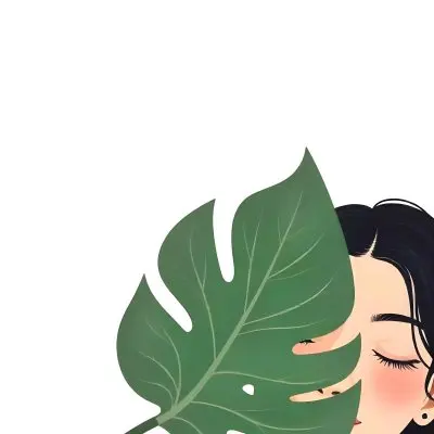 An Asian Woman 23 Years Old With Black Hair Holding A Green Leaf In Front Of Her Face Eyes Closed Black Background 26 065a