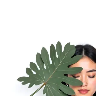 An Asian Woman 23 Years Old With Black Hair Holding A Green Leaf In Front Of Her Face Eyes Closed Black Background 28 Bb43