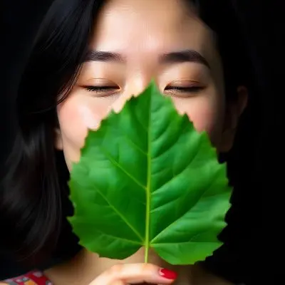 An Asian Woman 23 Years Old With Black Hair Holding A Green Leaf In Front Of Her Face Eyes Closed Black Background 4 9ce0