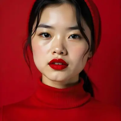 An Asian Woman 23 Years Old With Light Skin And Red Lipstick Wearing A Red Headscarf And A Red Turtleneck In A Red Background 10 Bbc8