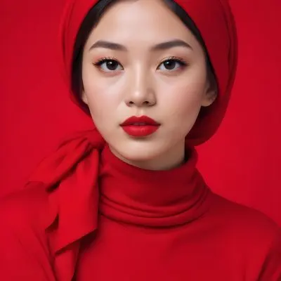 An Asian Woman 23 Years Old With Light Skin And Red Lipstick Wearing A Red Headscarf And A Red Turtleneck In A Red Background 11 078e