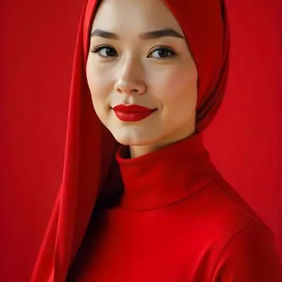 An Asian Woman 23 Years Old With Light Skin And Red Lipstick Wearing A Red Headscarf And A Red Turtleneck In A Red Background 12 2dca