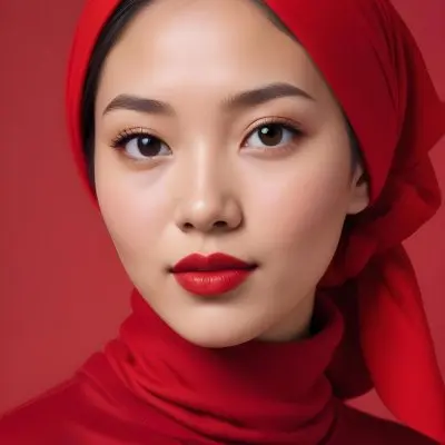 An Asian Woman 23 Years Old With Light Skin And Red Lipstick Wearing A Red Headscarf And A Red Turtleneck In A Red Background 13 892f