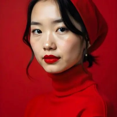 An Asian Woman 23 Years Old With Light Skin And Red Lipstick Wearing A Red Headscarf And A Red Turtleneck In A Red Background 16 7caa