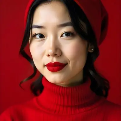 An Asian Woman 23 Years Old With Light Skin And Red Lipstick Wearing A Red Headscarf And A Red Turtleneck In A Red Background 21 70a1
