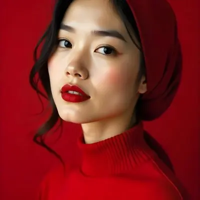 An Asian Woman 23 Years Old With Light Skin And Red Lipstick Wearing A Red Headscarf And A Red Turtleneck In A Red Background 24 4032